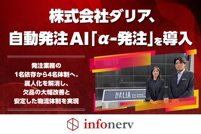 株式会社ダリア、自動発注AI「α-発注」を導入～発注業務の1名依存から4名体制へ。属人化を解消し、欠品の大幅改善と安定した物流体制を実現 ～