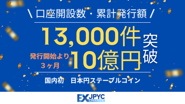 発行・償還プラットフォーム「JPYC EX」の累計口座開設数が13,000件、累計発行額が10億円を突破