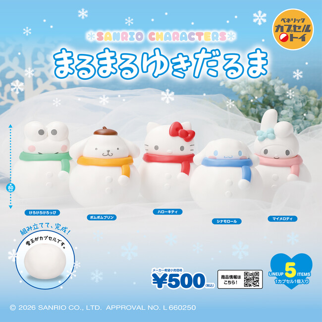 サンリオキャラクターズデザインの「まるまるゆきだるま」と「miniminiトランクチャーム」が2026年1月中旬より全国のカプセルトイ自販機にて販売中！
