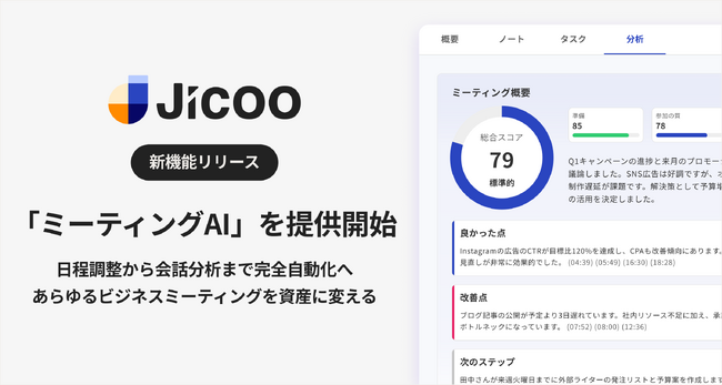 Jicoo、営業・採用の「勝ちパターン」を可視化する「ミーティングAI」を提供開始　「なぜ決まったのか」を40指標でデータ化