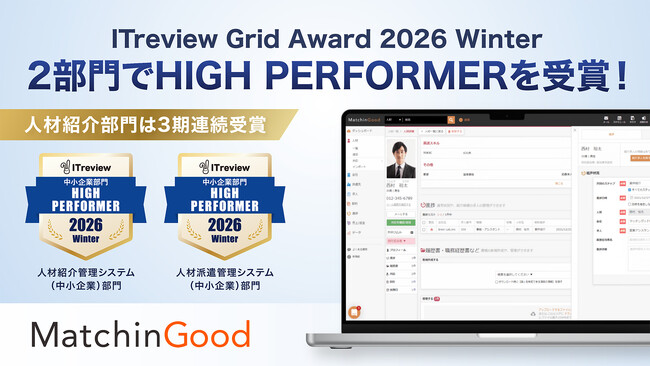 ブレイン・ラボが提供する「MatchinGood」が「ITreview Grid Award 2026 Winter」の2部門で受賞。