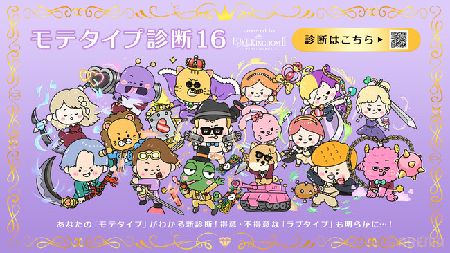 『ラブパワーキングダム2』累計7,000万回以上診断された恋愛診断サイト「LoveCharacter64」とコラボレーションした新診断コンテンツ「モテタイプ診断」を公開