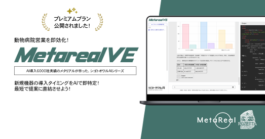 動物病院の新機器導入ニーズ分析AIエージェント「Metareal ヴェットイクイップ(Metareal VE)」プレミアムプラン2/10提供開始