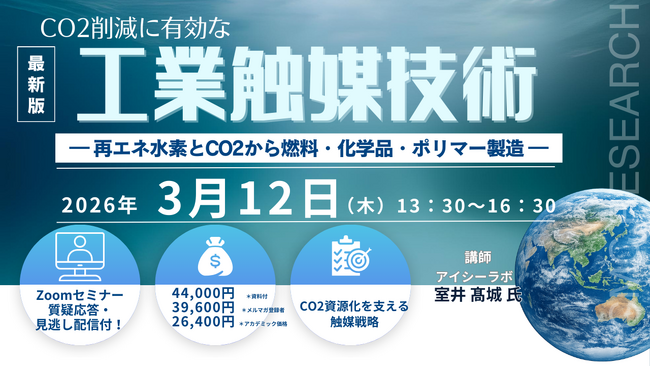 【ライブ配信/Zoom】「CO2削減に有効な工業触媒技術― 再エネ水素とCO2から燃料・化学品・ポリマー製造 ―」セミナー開催！3月12日（木）主催：(株)シーエムシー・リサーチ