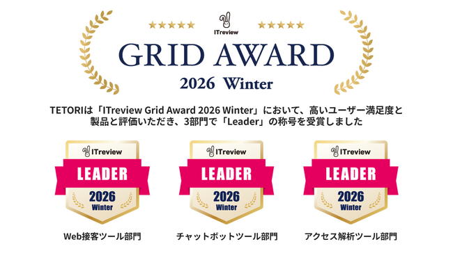 Web接客ツール「TETORI」が「ITreview Grid Award 2026 Winter」3部門にて「Leader」の称号を受賞