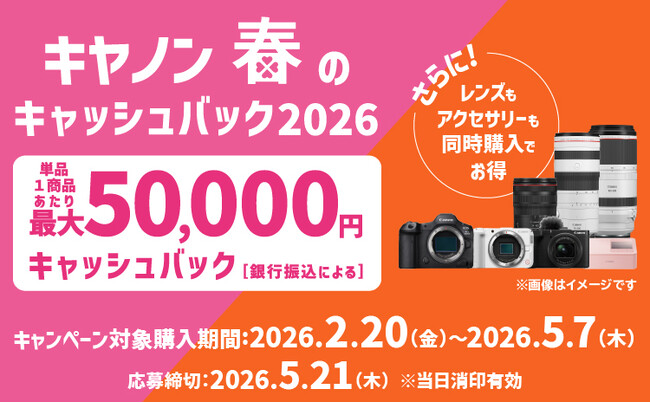 「EOS R5 Mark II」などを対象に最大5万円をキャッシュバックする「キヤノン 春のキャッシュバック2026」を開催