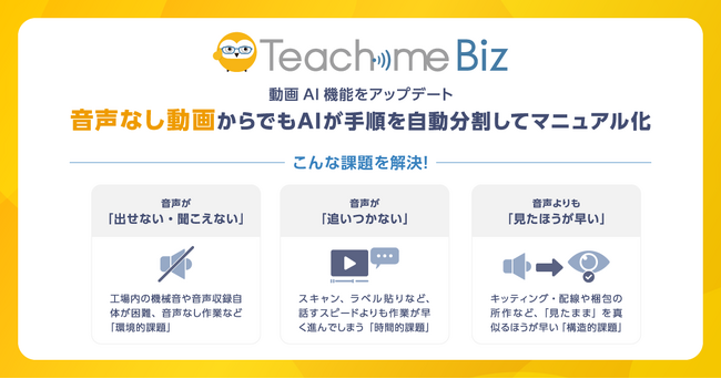 Teachme Biz、動画AIの新機能をリリース。音声なし動画からでも、動画内の手順をAIが解析してマニュアル化