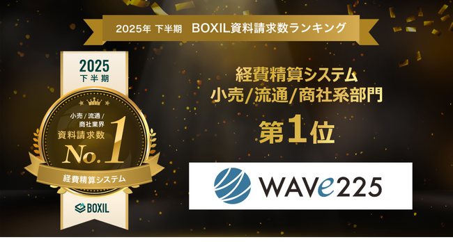 旅費経費精算/稟議パッケージソリューション【WAVE225】が、「2025年下半期 BOXIL資料請求数ランキング」 経費精算システム 小売/流通/商社系部門第1位に選出されました