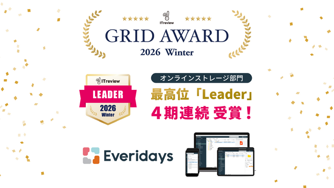 Everidaysが、「ITreview Grid Award 2026 Winter」にてオンラインストレージ部門「Leader」を4期連続受賞