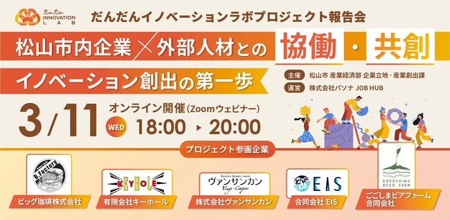 パソナJOB HUB 愛媛県松山市内の中小企業と外部人材の協働・共創を促進『だんだんイノベーションラボ』令和7年度成果報告会　３月11日開催
