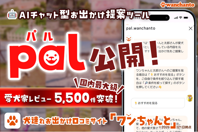 AIチャット型お出かけ提案ツール「pal（パル）」を公開！犬連れお出かけ口コミサイト「ワンちゃんと」は愛犬家による投稿5,500件以上のデータから、犬連れでの最適なお出かけ先を提案します