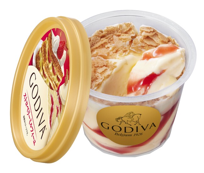 パリッとしたホワイトチョコレートコーティングが贅沢な味わいのゴディバのアイススイーツコレクション第一弾！ゴディバ カップアイス「ストロベリーミルフィーユ」