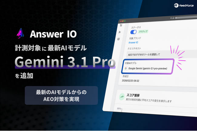 フィードフォース、AEOサービス「Answer IO」がGoogleの最新モデル「Gemini 3.1 Pro」に対応、推論性能2倍超の最新AIでのブランド可視性測定を実現
