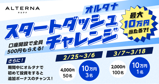 春の資産運用デビューを応援。最大10万円が当たる「オルタナ スタートダッシュチャレンジ」開催(3/18まで)