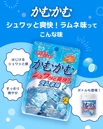 一粒で爽やかな味わいが感じられる「かむかむシュワッと爽快！ラムネ味」春夏限定で再登場！