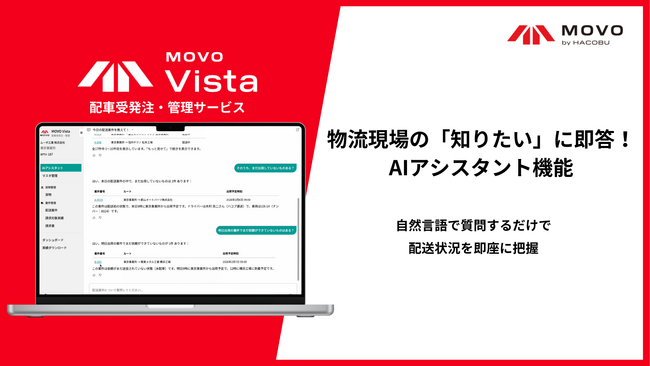 Hacobu、配車受発注・管理サービス「MOVO Vista」にAIアシスタント機能を提供開始。自然言語での質問で配送状況を瞬時に把握、物流現場のスピーディな対応を支援