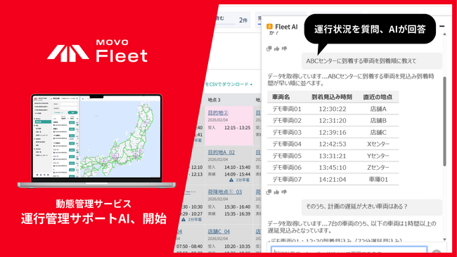 「あのトラック今どこ？」にAIが即答。Hacobu、トラックの現在地を把握するMOVO Fleetに運行管理サポートAIを追加