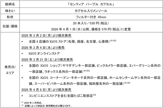 「IQOS ILUMA」シリーズ専用たばこスティック「SENTIA (センティア)」初となるカプセル搭載製品 「センティア パープル カプセル」を2026年3月2日（月）より順次発売