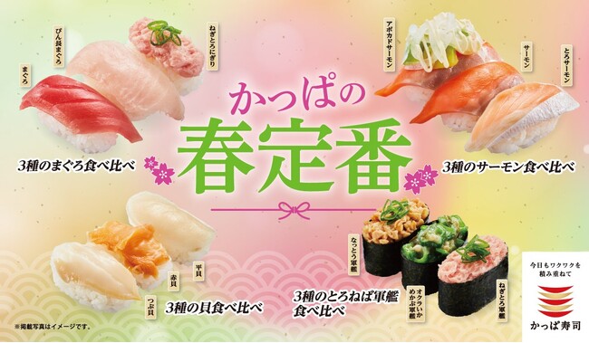 【かっぱ寿司】まぐろ、サーモン、つぶ貝、軍艦まで人気ネタづくしで、単品よりちょっとお得な人気の「３種の食べ比べ」シリーズが春色満開に！