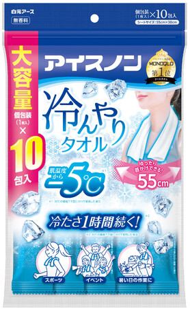肌温度から-5℃の冷涼感！首にかける使いきりタイプの冷却タオル！『アイスノン　冷んやりタオル　10包入』数量限定発売