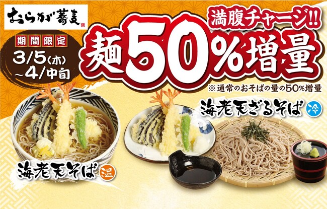【おらが蕎麦】全力応援!! 期間限定「満腹チャージ!! 麺50％増量」キャンペーンを3月5日(木)より実施します。