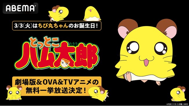 「ハムちゃんず」の末っ子・ちび丸ちゃん誕生日当日・3月3日（火）昼12時より「ABEMA」で『とっとこハム太郎』劇場版全4作品＆OVA4作品を無料一挙放送！TVシリーズ１・２期全話の無料一挙放送も決定