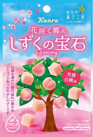 南信州菓子工房とカンロがコラボレーションしたアップサイクルグミカンロ「しずくの宝石グミ芳潤白桃味」今年も発売決定