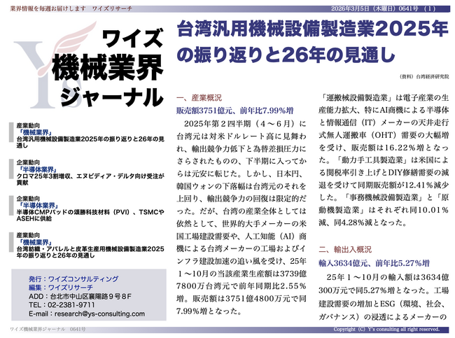 【台湾情報】台湾汎用機械設備製造業、25年販売額は7.99％増──AI商機と米国工場建設が牽引＜ワイズ機械業界ジャーナル2026年3月第1週号発行＞