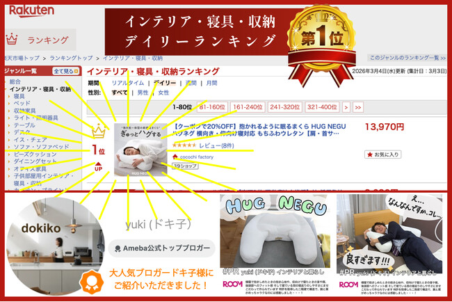 【楽天ランキング１位獲得】ぎゅっとハグする「HUG NEGU」抱き枕一体型まくら｜大人気ブロガー“ドキ子”がブログで紹介し話題に