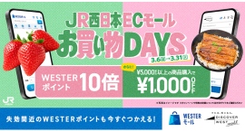 【最大1,000円OFF&ポイント10倍】JR西日本公式ECで春の『お買い物DAYS』開催。3月末に失効予定のWESTERポイントも今すぐつかえるキャンペーン 【最大1,000円OFF&ポイント10倍】JR西日本公式ECで春の『お買い物DAYS』開催。3月末に失効予定のWESTERポイントも今すぐつかえるキャンペーン