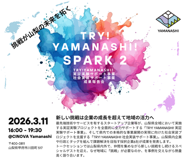 『山梨県内一時託児付き旅行プラン』の実証成果報告を「TRY! YAMANASHI! SPARK 2」にて代表取締役の石川が実施