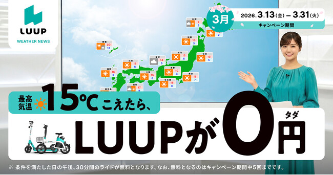 最高気温が15℃を超えたら、午後は30分間ライド無料！「15℃超えたらLUUPが無料キャンペーン」を3月13日より開催