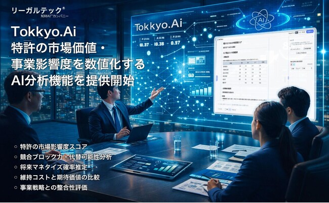 リーガルテック社Tokkyo.Ai、特許の市場価値・事業影響度を数値化するAI分析機能を提供開始
