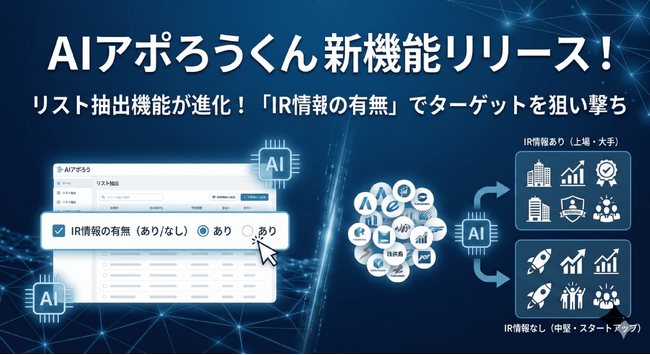 【新機能】営業リストの「質」を見極める。AIアポろうくん、IR情報の有無による抽出に対応し、企業規模や信頼度に合わせたアプローチが可能に