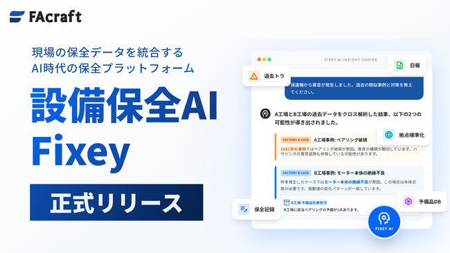 FAcraft、設備保全データのナレッジ活用を推進するAIエージェント「Fixey」を正式リリース
