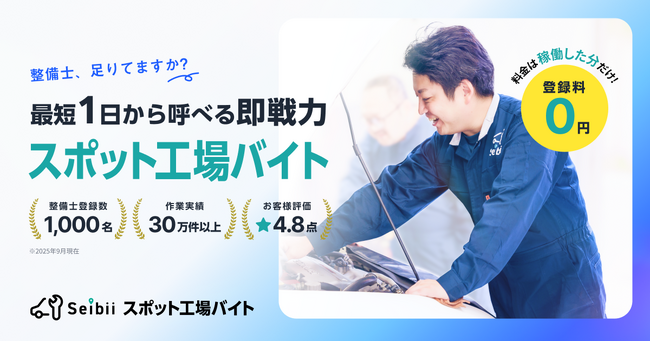 自動車整備業界の「人手不足」を救う新たな選択肢。セイビーが即戦力の整備士と整備工場を1日単位でマッチングする「スポット工場バイト」を正式リリース