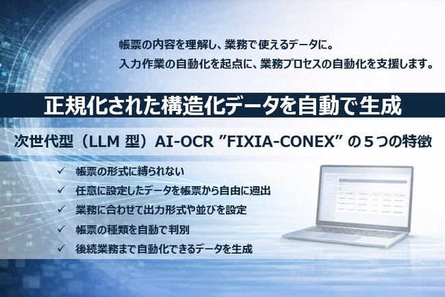 次世代型（LLM型）AI-OCR「FIXIA-CONEX」提供開始。データの正規化・構造化により、業務の自動化に留まらず、帳票を「経営資産」へ