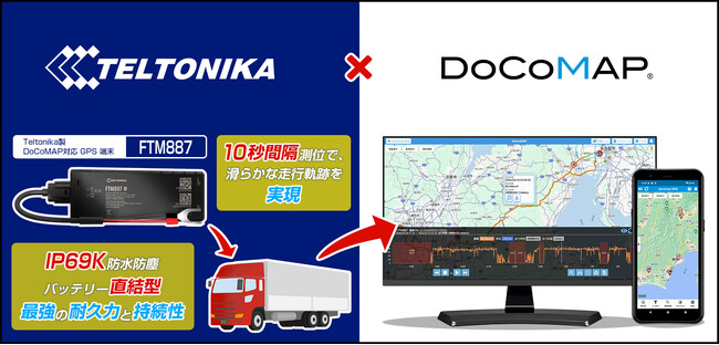 ドコマップジャパン、Teltonika Telematics製GPS端末と連携IP69K対応 バッテリー直結型GPS端末を提供