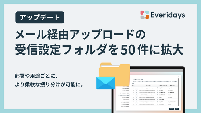 法人向けクラウドストレージ「Everidays」、メール経由アップロードの受信設定フォルダ上限を50件に拡大