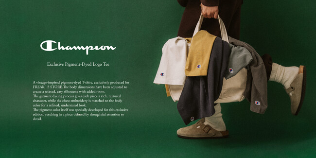 ChampionにFREAK'S STOREが別注したTシャツが登場。ピグメント加工を施した、ヴィンテージライクな1着です。