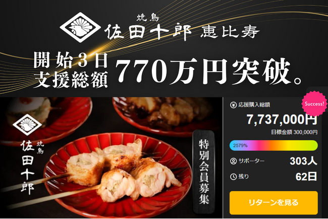 開始3日で支援総額770万円突破！「焼鳥 佐田十郎 恵比寿」クラウドファンディングで支持を集める理由とブランドの魅力とは