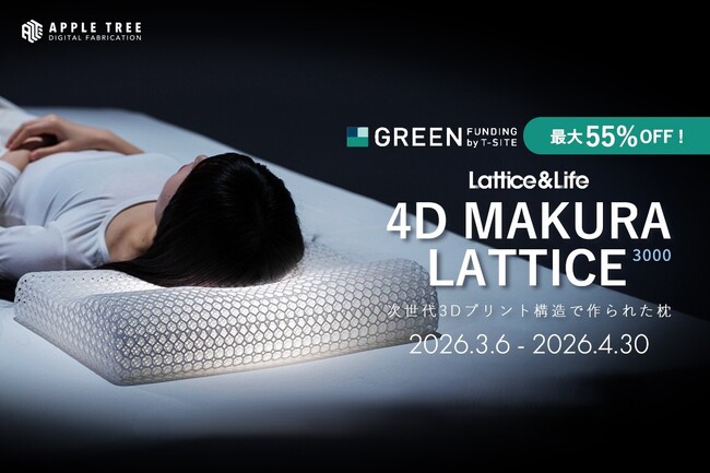 クラウドファンディング開始わずか9分で目標達成！3Dプリント枕『4D MAKURA LATTICE 3000』支援総額750万円突破【APPLE TREE株式会社】