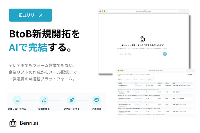BtoB新規開拓をAIで完結 - 企業リストの作成からメール配信まで一気通貫のAI搭載プラットフォーム「Benri.ai」正式リリース