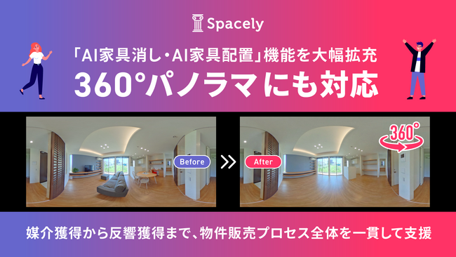 「AI家具消し・AI家具配置」機能を大幅拡充し、360度パノラマ画像にも対応