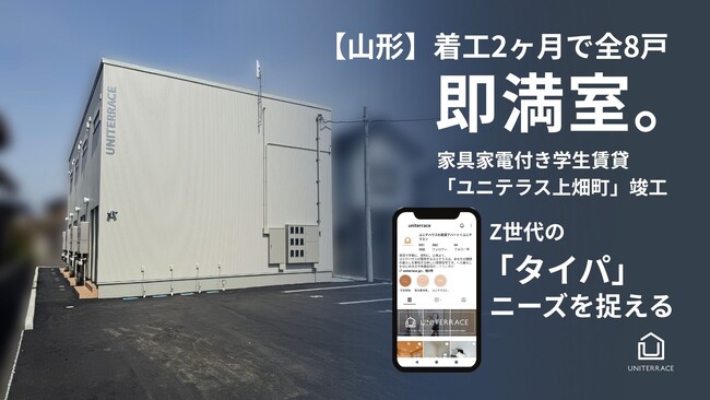【山形】着工2ヶ月で全8戸が即満室。クリエイト礼文、家具家電付き学生向け賃貸「ユニテラス上畑町」竣工｜シリーズ35棟目