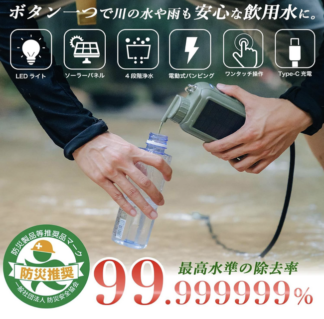 【春のアウトドアグッズ／先着100台限定3,000円OFF】川の水も安心して飲める水へ！AhlstromDisruptor(R) フィルター搭載「ポータブル電動浄水器」新発売！いざという時の防災グッズにも