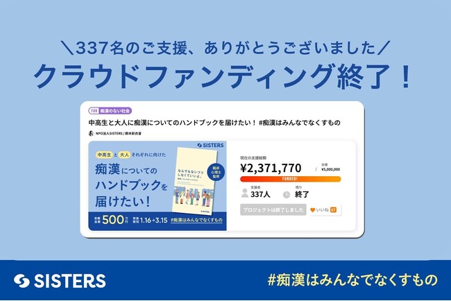 【ご報告】中高生と大人向け「痴漢ハンドブック」制作プロジェクト、337名より237万円の支援をいただきクラウドファンディング終了