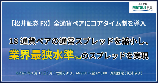 【松井証券 FX】全通貨ペアにコアタイム制を導入 18通貨ペアの通常スプレッドを縮小し、業界最狭水準のスプレッドを実現