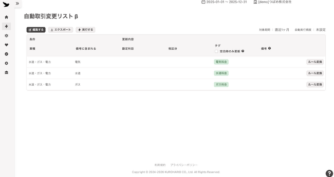 クロハリオ freee会計の取引データをリスト形式のルールで一括補正！業種+店舗名や購入品から柔軟なタグ付与や勘定科目を自動変換する「自動取引変更リスト β」を提供開始
