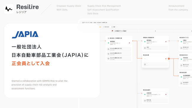 サプライチェーンリスク管理サービスを提供する株式会社Resilire、一般社団法人日本自動車部品工業会（JAPIA）に正会員として入会